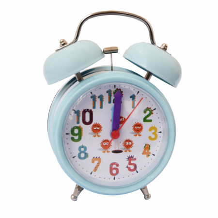 Ceas de masa desteptator pentru copii Pufo Emotion, cu buton de iluminare cadran, 15 cm, turcoaz