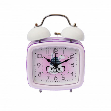 Ceas de masa desteptator pentru copii Pufo Joy, cu buton de iluminare cadran, 16 cm, model Smart Bunny, mov
