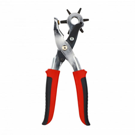 Cleste perforator pivotant Pufo cu 6 capete pentru gaurit curele, rosu