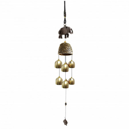 Clopotel de vant cu floare de campanula si 6 clopotei pentru casa sau gradina, model cu elefanti
