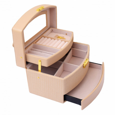 Cutie eleganta de dama Pufo Elegance pentru depozitare si organizare bijuterii si accesorii, model etajat, maro