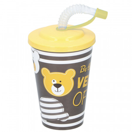 Pahar apa pentru copii, cu pai si capac, model Ursii Fericiti, 650 ml