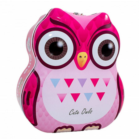 Pusculita metalica Pufo Little Owly cu lacat si cheita, 16 cm, roz