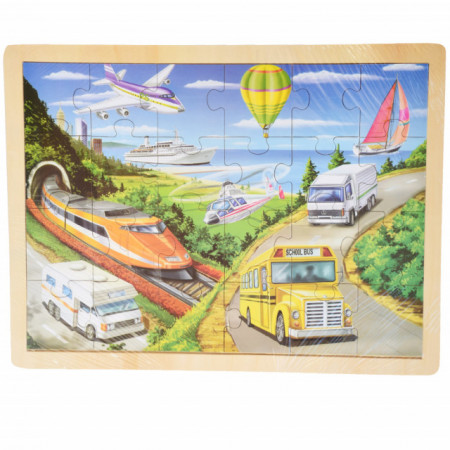 Puzzle din lemn Pufo pentru copii, model Travel, 24 piese, 40 x 30 cm