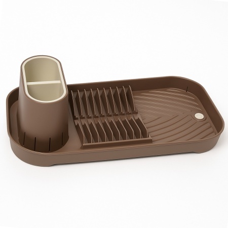 Scurgator ingust de bucatarie Pufo pentru uscat vase cu suport pentru tacamuri, 40 x 20 cm, maro/crem
