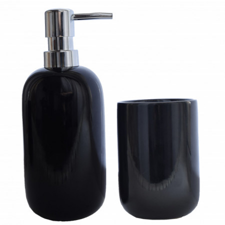 Set dispenser Pufo Exclusive pentru sapun lichid si suport periuta de dinti, 2 piese, ceramica, negru