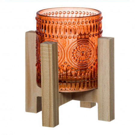 Suport decorativ Pufo Majestic pentru lumanare din sticla cu picioruse din lemn, 13 cm, portocaliu