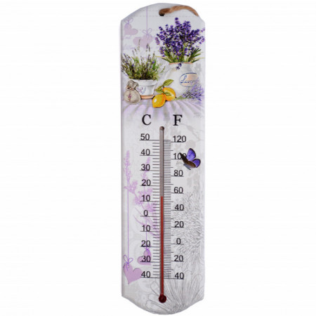 Termometru de perete Pufo Purple Flowers, pentru interior, 26 x 7 cm