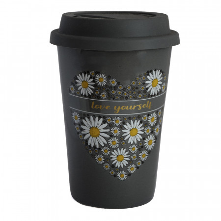 Cana ceramica de voiaj Pufo Love Yourself pentru cafea cu capac din silicon, 400 ml, gri