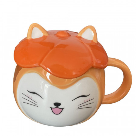 Cana cu capac din ceramica Pufo Happy Cat pentru cafea sau ceai, 300 ml, portocaliu