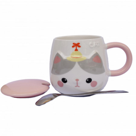Cana cu capac din ceramica si lingurita Pufo Cat pentru cafea sau ceai, 350 ml, roz