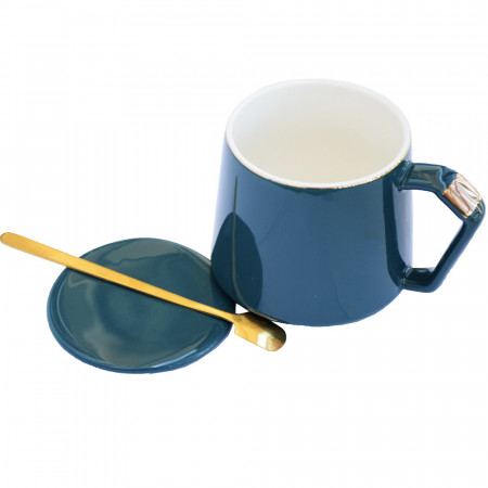 Cana cu capac din ceramica si lingurita Pufo Ellegance pentru cafea sau ceai, 300 ml, verde