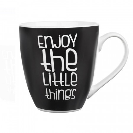 Cana mare Pufo Enjoy Little Things pentru ceai, cafea, suc, cu mesaj motivational, 360 ml, negru