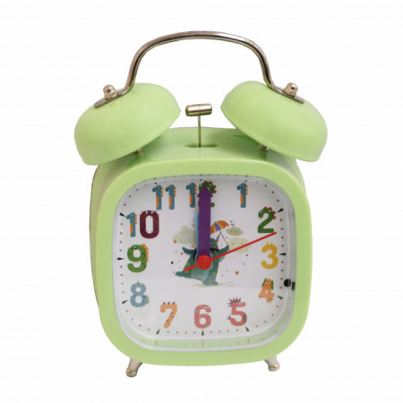 Ceas de masa desteptator pentru copii Pufo Happy Monster, cu buton de iluminare cadran, 15 cm, verde