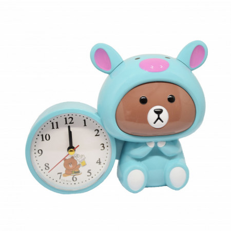 Ceas de masa desteptator pentru copii Pufo, model Ursuletul Costumat, 20 x 15 cm, verde