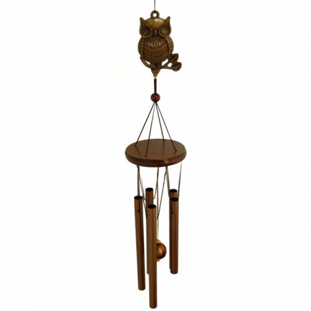 Clopotel de vant cu 5 tuburi sonore metalice pentru casa sau gradina, model Feng-Shui cu bufnite