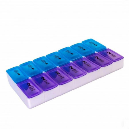 Cutie organizator medicamente, vitamine sau suplimente pe saptamana cu doua compartimente pe zi, albastru cu mov, Pufo