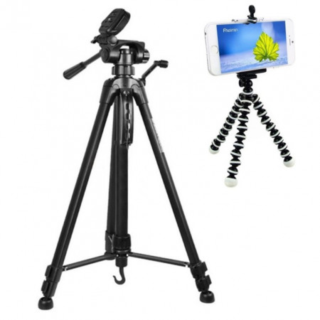 Pachet Trepied foto telescopic Weifeng WT-3540 universal 61-157 cm, negru + Trepied flexibil cu suport pentru telefon mobil sau aparat foto, Pufo