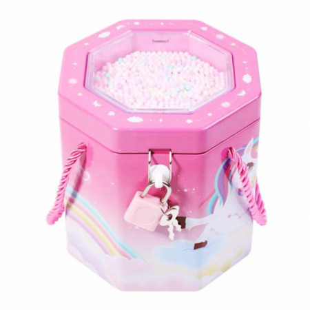 Pusculita metalica Pufo Happy Unicorn cu lacat si cheita, 12 cm, roz