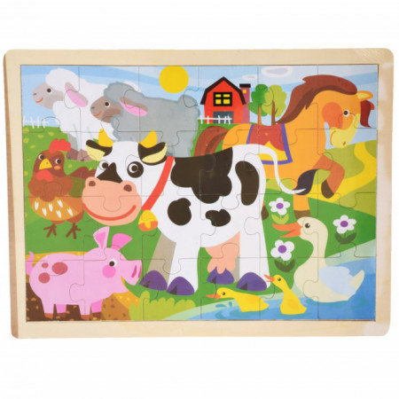 Puzzle din lemn Pufo pentru copii, model Ferma de la Tara, 24 piese, 40 x 30 cm