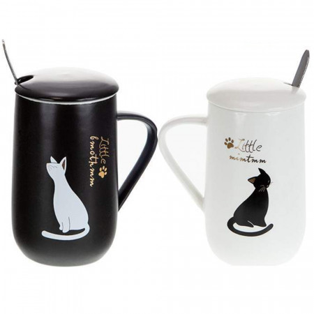 Set 2 cani pentru ceai sau cafea cu lingurita si capac, Pufo Little Cat, 300 ml, ceramica