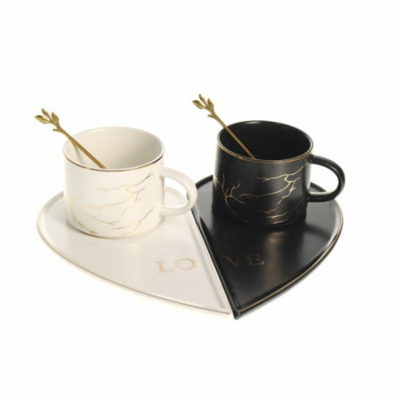Set 2 cani pentru ceai sau cafea cu lingurite si farfurie, Pufo My Love, 200, ceramica