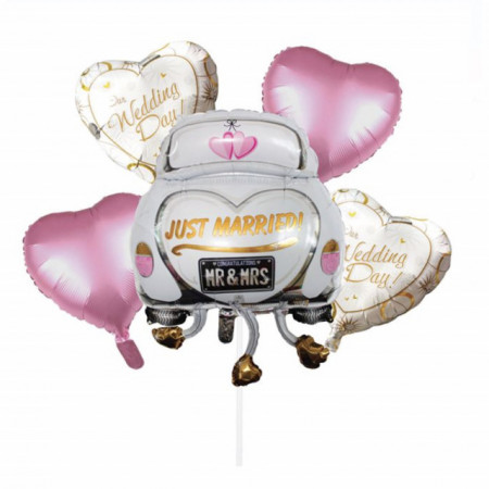 Set 5 baloane din folie Pufo Just Married pentru nunta, 37 x 43 cm