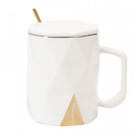 Cana cu capac din ceramica si lingurita Pufo Hey Beautiful pentru cafea sau ceai, 350 ml, alb