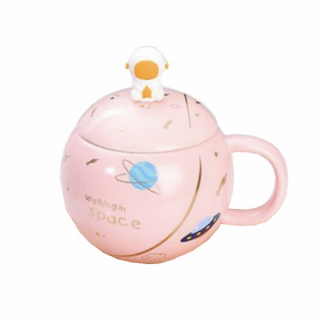 Cana cu capac tip ceainic din ceramica si lingurita Pufo Walking in Space pentru cafea sau ceai, 400 ml, roz