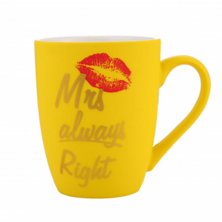 Cana mata din ceramica Pufo Mrs Right, pentru cafea sau ceai, 360 ml, galben