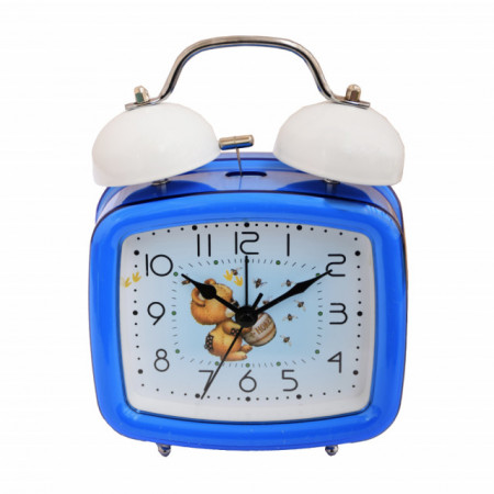 Ceas de masa desteptator pentru copii Pufo Joy, cu buton de iluminare cadran, 16 x 12 cm, model Teddy Bear, albastru