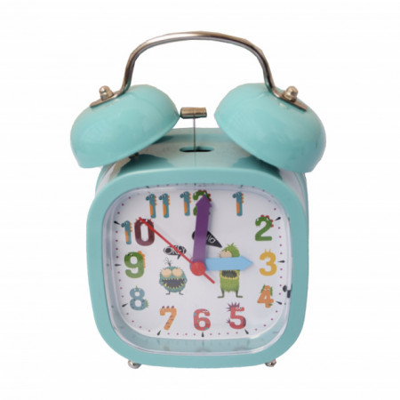 Ceas de masa desteptator pentru copii Pufo Monster, cu buton de iluminare cadran, 15 cm, patrat, verde