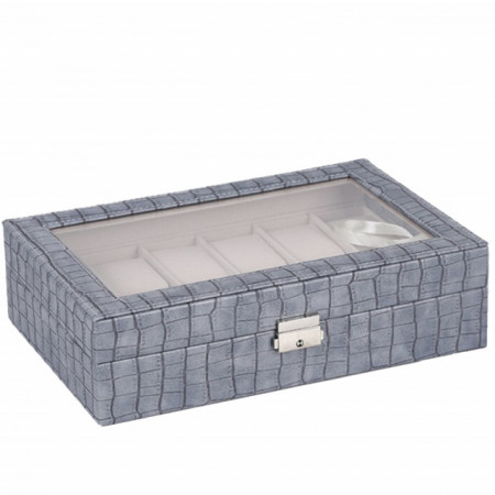 Cutie caseta eleganta depozitare cu compartimente pentru 12 ceasuri, imprimeu crocodil, albastru