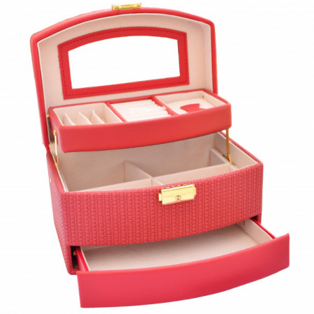 Cutie eleganta de dama Pufo Elegance pentru depozitare si organizare bijuterii si accesorii, model etajat, rosu