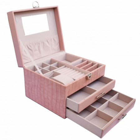 Cutie eleganta de dama Pufo Glamour pentru depozitare si organizare bijuterii si accesorii, model supraetajat, roz
