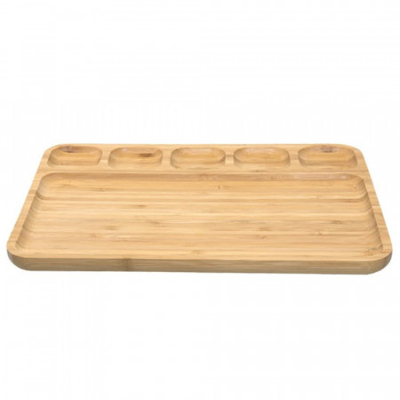 Platou Pufo din lemn de bambus pentru servire cu 6 compartimente, 33 cm, maro