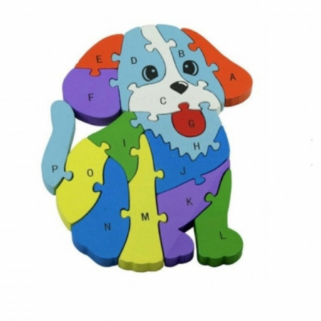 Puzzle din lemn Pufo pentru copii cu numere si cifre, model Catelul simpatic, 16 piese, 27 cm