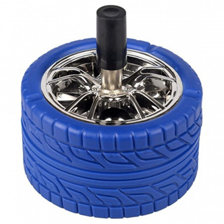 Scrumiera metalica Pufo Angry Wheel, antivant cu buton, 12 cm, albastru/ argintiu