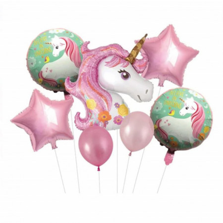 Set 7 baloane aniversare Pufo, model cu Unicorn, 39 x 55 cm