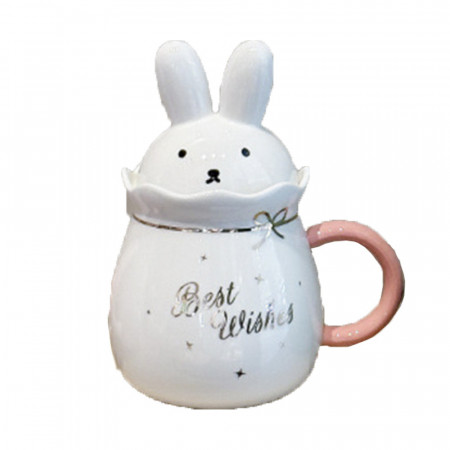 Cana ceramica cu capac Pufo Bunny, pentru cafea sau ceai, 500 ml, alb