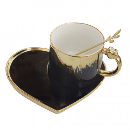 Cana ceramica cu farfurie in forma de inima si lingurita Pufo Desire pentru cafea sau ceai, 180 ml, negru