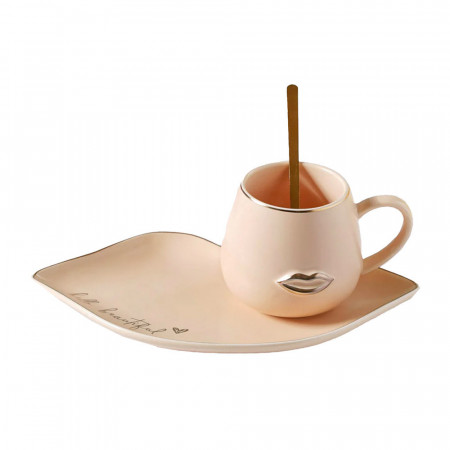 Cana ceramica cu farfurie si lingurita Pufo Beautiful pentru cafea sau ceai, 180 ml, crem