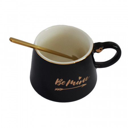Cana ceramica cu lingurita Pufo Be Mine pentru cafea sau ceai, 180 ml, negru