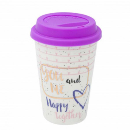 Cana ceramica Pufo You & Me pentru cafea sau ceai cu capac din silicon, 400 ml