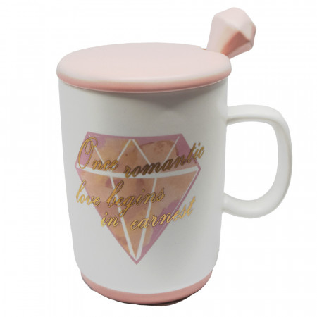 Cana cu capac din ceramica si lingurita Pufo Romantic Love pentru cafea sau ceai, 350 ml