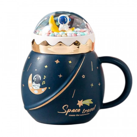 Cana cu capac tip ceainic din ceramica si lingurita Pufo Travel the Space pentru cafea sau ceai, 500 ml, albastru inchis