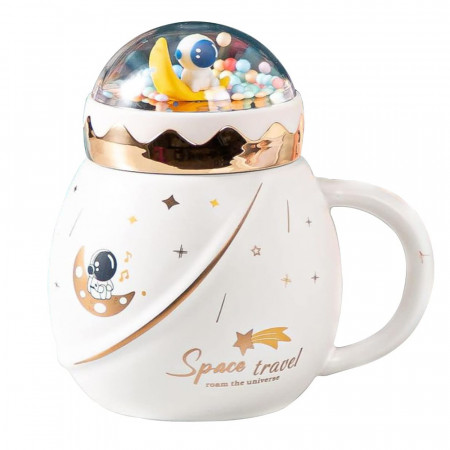 Cana cu capac tip ceainic din ceramica si lingurita Pufo Travel the Space pentru cafea sau ceai, 500 ml, alb