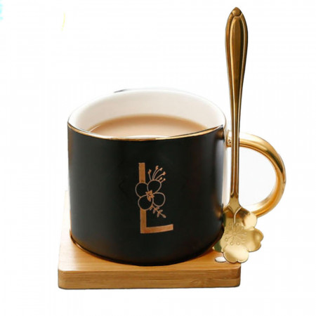 Cana cu farfurie din bambus si lingurita Pufo Reason pentru cafea sau ceai, 180 ml, negru deschis