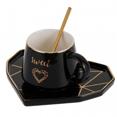 Cana cu farfurie din ceramica si lingurita Pufo Elegant Sweet pentru cafea sau ceai, 180 ml, negru