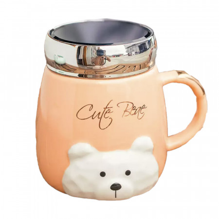 Cana din ceramica cu capac Pufo Cute Bear pentru cafea sau ceai, 350 ml, portocaliu